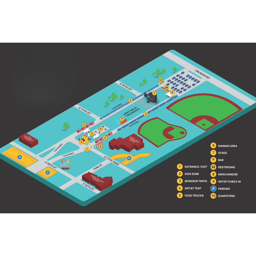 Illustrated 18th and Vine Arts Festival layout along The Paseo, between East 18th Street and Truman Road.
